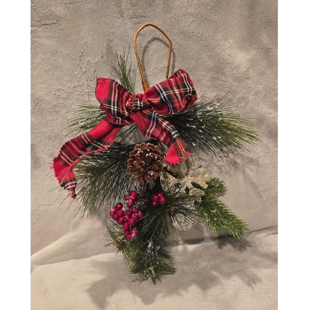 Pier 1 Imports Christmas Chair Decor Swag Red Plaid Bow Pinecone Berries 3237492